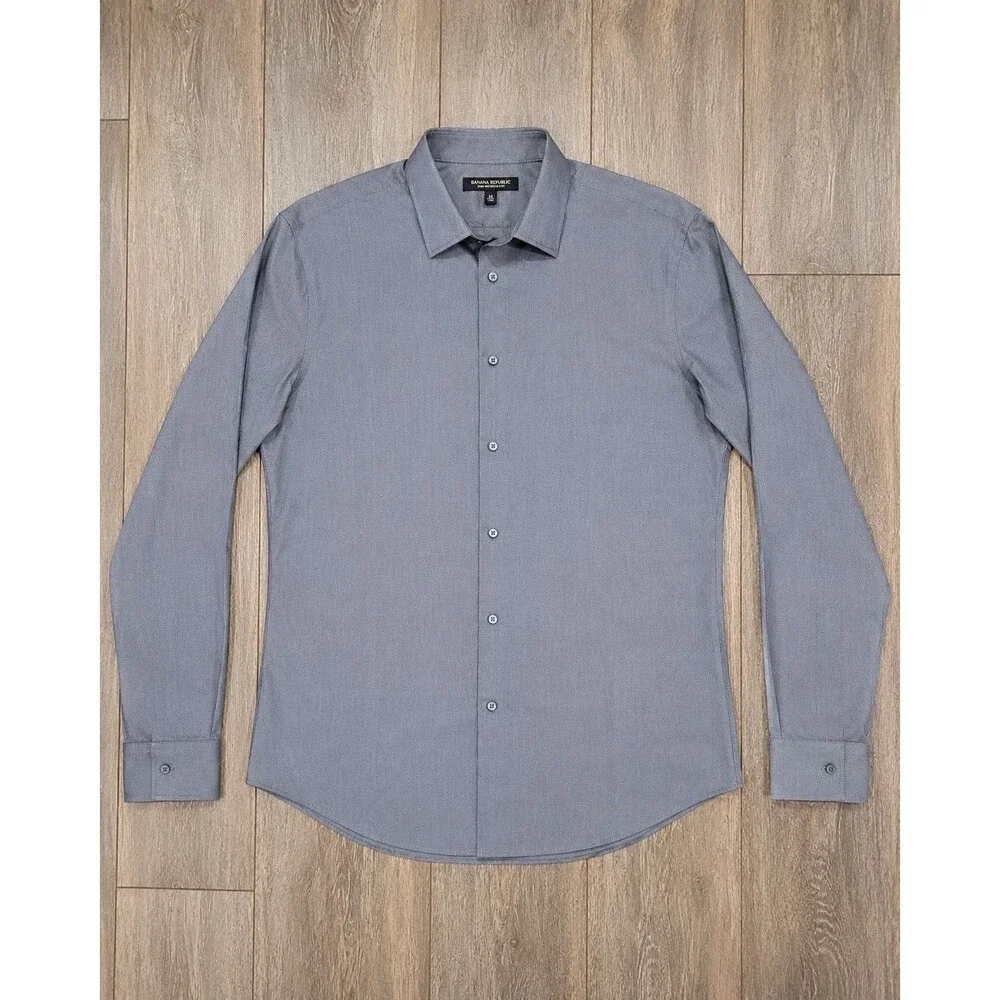 Banana Republic Mens XXL Non Iron Slim Fit Blue Gray Long Sleeve Dress Shirt